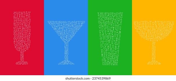 Cocktailglas in unterschiedlicher Form für Saft oder Alkohol in minimalem kreativem Stil. Setzen Sie kreative Silhouetten aus kleinen Elementen. Kunstdekoration für Design-Banner, Menü. Vektorretro-Illustration.