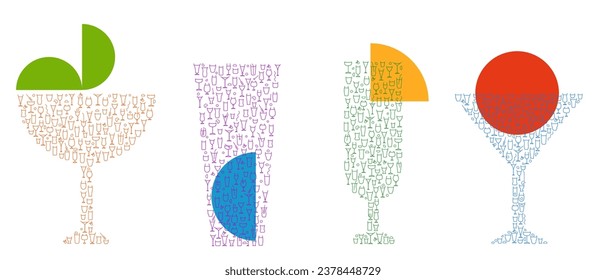 Cocktailglas in unterschiedlicher Form für Saft oder Alkohol in minimalem kreativem Stil. Setzen Sie kreative Silhouetten aus kleinen Elementen. Kunstdekoration für Design-Banner, Menü. Vektorretro-Illustration.