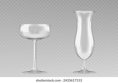 Cocktailglas in verschiedenen Formen für Champagner und Longdrink in realistischen Vektor. Leeres transparentes Glas-Mock-up für Alkohol-Schnaps. Restaurant oder Küche Glanzgeschirr für Party Bar Getränke.