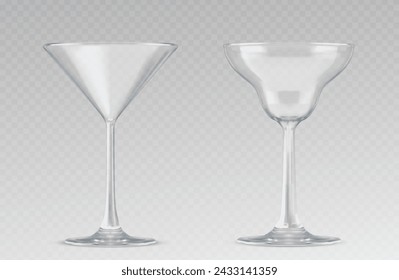 Vaso de cóctel de diferentes formas para martini y bebida larga. Conjunto de ilustración vectorial realista de maqueta de cristalería transparente vacía para bebidas de barra. Plantilla de taza para alcohol de fiesta.