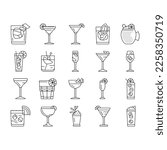 cocktail glass drink alcohol bar icons set vector. martini ice wine, party vodka cup, margarita beverage, mojito juice, champagne lemon cocktail glass drink alcohol bar black contour illustrations
