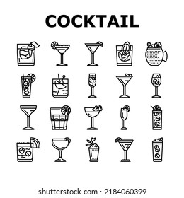 cocktail glass drink alcohol bar icons set vector. martini ice wine, party vodka cup, margarita beverage, mojito juice, champagne lemon cocktail glass drink alcohol bar black contour illustrations