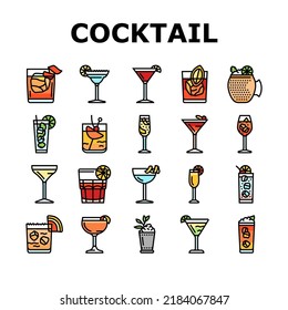 Cocktail Glass Drink Alcohol Bar Icons Set Vector. Martini Ice Wine, Party Vodka Cup, Margarita Beverage, Mojito Juice, Champagne Lemon Cocktail Glass Drink Alcohol Bar Color Line Illustrations