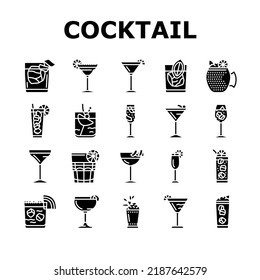 cocktail glass drink alcohol bar icons set vector. martini ice wine, party vodka cup, margarita beverage, mojito juice, champagne lemon cocktail glass drink alcohol bar glyph pictogram Illustrations