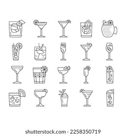 cocktail glass drink alcohol bar icons set vector. martini ice wine, party vodka cup, margarita beverage, mojito juice, champagne lemon cocktail glass drink alcohol bar black contour illustrations