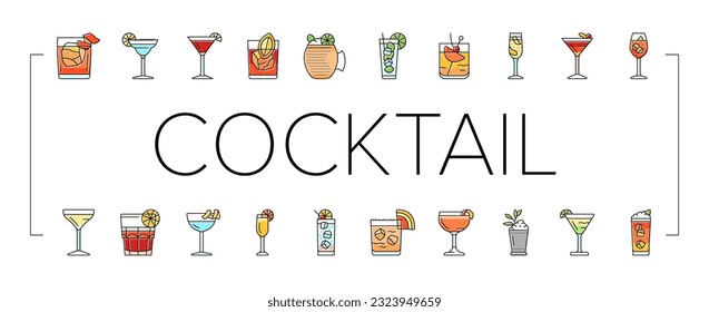 cocktail glass drink alcohol bar icons set vector. martini ice wine, party vodka cup, margarita beverage, mojito juice, champagne lemon cocktail glass drink alcohol bar color line illustrations