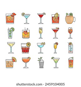 cocktail glass drink alcohol bar icons set vector. martini ice wine, party vodka cup, margarita beverage, mojito juice, champagne lemon cocktail glass drink alcohol bar color line illustrations