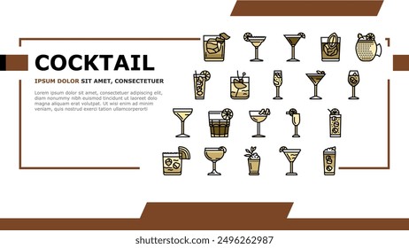 cocktail glass drink alcohol bar Landing Web Page Vector. martini ice wine, party vodka cup, margarita beverage, mojito juice, champagne lemon cocktail glass drink alcohol bar Illustration