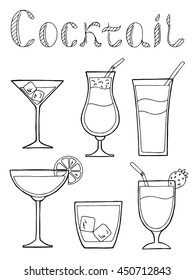 Cocktail glass drink set text graphic art black white isolated illustration vector