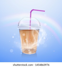 Cocktail, Glass of drink with tubule. Cooling drink in a plastic Cup Can be used like design for party invitations or menu. Realistic vector illustration