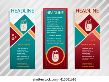 Cocktail glass with drinking straw icon on vertical banner. Modern abstract flyer, banner, brochure design template.