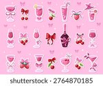 Cocktail glass with elegant bow, cherry and strawberry. Vine, martini and champagne drink with ribbon details for valentine or bachelorette party. Pink cheer wedding vintage coquette cocktail icon.