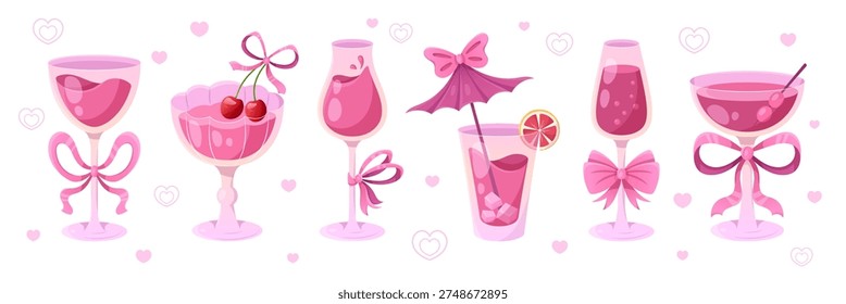 Cocktail glass with elegant bow - drinks with ribbon bowknot for party invitations. Pink beverages vector design with cherry and whimsical aesthetic for wedding menu or birthday celebration.