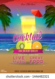 Cocktail glass with exotic juice on Summer tropical background with palms, sky, sea and sunset. Summer placard poster flyer invitation card. With this poster design you will grab everyone’s attention.