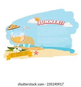 cocktail glass with female hat on the beach. summer holiday concept - vector illustration 