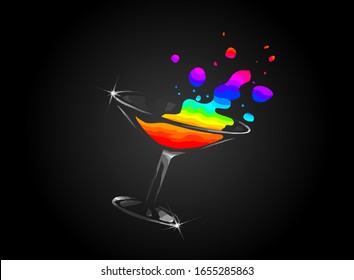 A cocktail glass filled with rainbow colored drink, in a dynamic composition