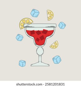 A cocktail glass filled with a red fizzy drink, garnished with lemon slices and surrounded by ice cubes on a light background in retro style