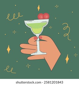 A cocktail glass with a fizzy green drink, garnished with cherries, held by a hand with red nails, surrounded by decorative swirls and sparkles on a dark green background in retro style.