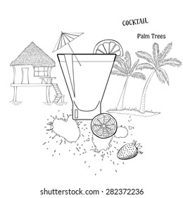  Cocktail glass with fruit. Sketches black and white. Vector Illustration