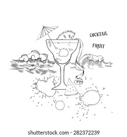  Cocktail glass with fruit. Sketches black and white. Vector Illustration