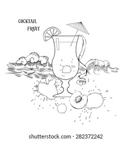  Cocktail glass with fruit. Sketches black and white. Vector Illustration