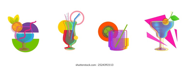 Cocktail glass halftone silhouettes with geometric vivid elements. Minimal modern fashion composition for branding. Bright vector illustration.