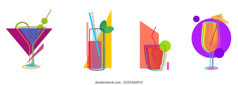 Cocktail glass halftone silhouettes with geometric vivid elements. Minimal modern fashion composition for branding. Bright vector illustration.