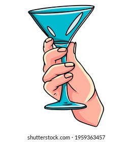 Cocktail glass in hand. Martini glass in a woman's hand. Cartoon style. Illustration for design and decoration.