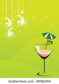 cocktail glass with hanging decorative Christmas balls & shiny stars on yellow color background for party & other occasions.