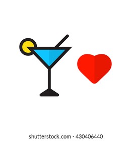 Cocktail in glass with heart icon flat vector on white background