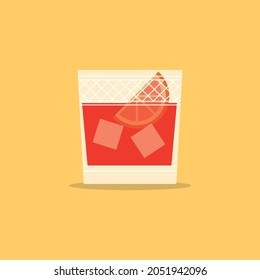 Cocktail in a glass with ice and citrus. Vector drawing.  Can be used as an icon. Yellow background.