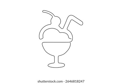 Cocktail glass with ice cream balls in continuous line art drawing style. Black line sketch on white, Wineglass design editable strokes.