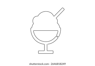 Cocktail glass with ice cream balls in continuous line art drawing style. Black line sketch on white, Wineglass design editable strokes.