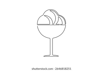 Cocktail glass with ice cream balls in continuous line art drawing style. Black line sketch on white, Wineglass design editable strokes.