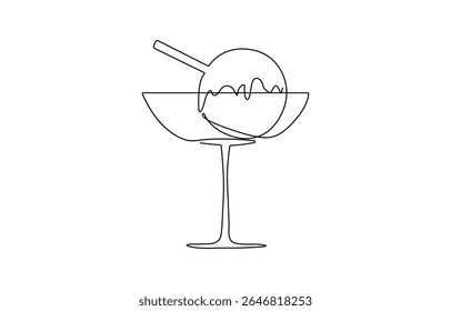 Cocktail glass with ice cream balls in continuous line art drawing style. Black line sketch on white, Wineglass design editable strokes.