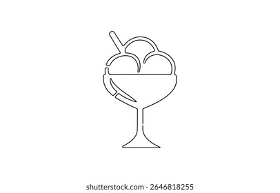 Cocktail glass with ice cream balls in continuous line art drawing style. Black line sketch on white, Wineglass design editable strokes.
