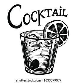 Cocktail in a glass with ice cubes, cherries and a slice of lemon. Black and white vector hand-drawn illustration. Cocktail Menu Theme