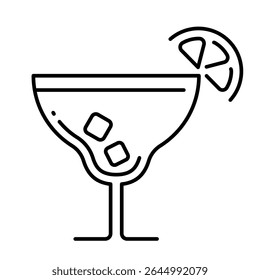 Icône cocktail en verre avec glace et garnie d'une tranche d'agrumes. Idéal pour les promotions au bar, les menus ou les projets de création graphique avec des boissons dans un style moderne.