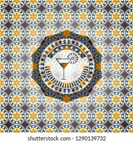cocktail glass icon inside arabesque emblem. arabic decoration.
