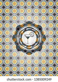 cocktail glass icon inside arabic badge. Arabesque decoration.