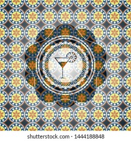 cocktail glass icon inside arabic emblem background. Arabesque decoration.