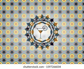 cocktail glass icon inside arabic emblem. Arabesque decoration.