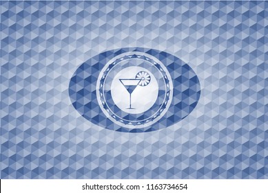 cocktail glass icon inside blue polygonal badge.
