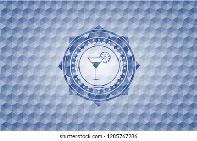 cocktail glass icon inside blue badge with geometric background.