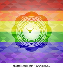 cocktail glass icon inside emblem on mosaic background with the colors of the LGBT flag