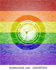 cocktail glass icon inside emblem on mosaic background with the colors of the LGBT flag