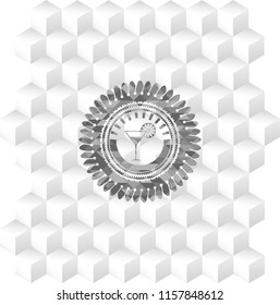 cocktail glass icon inside grey badge with geometric cube white background