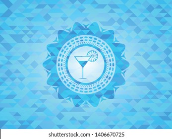 cocktail glass icon inside realistic light blue emblem. Mosaic background