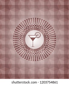 cocktail glass icon inside red geometric pattern emblem. Seamless.