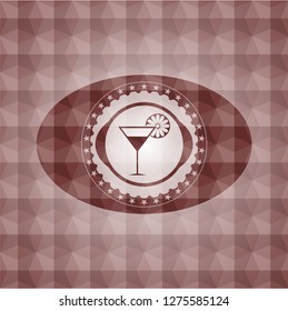 cocktail glass icon inside red emblem or badge with geometric pattern background. Seamless.